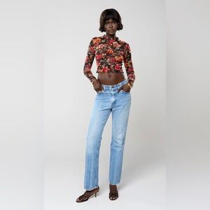 RESA Floral Long Sleeve Crop Top - Black and Red